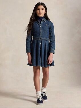 Ralph Lauren Girls 12 Denim Shirtdress Fit Flare Belted Button Front